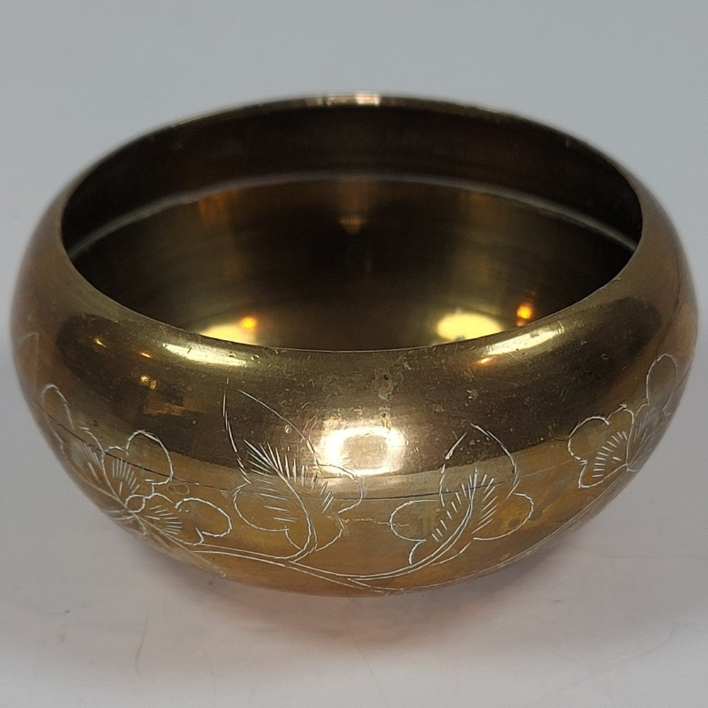 Vintage Etched Brass Bowl Floral Design Small Catchall Made in China 2.75 Inch